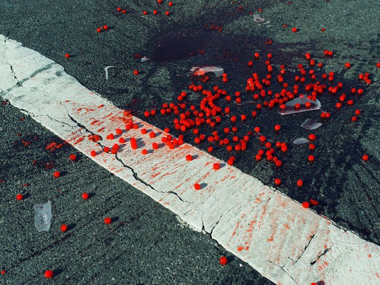 Cherries spilled on crosswalk, 2014